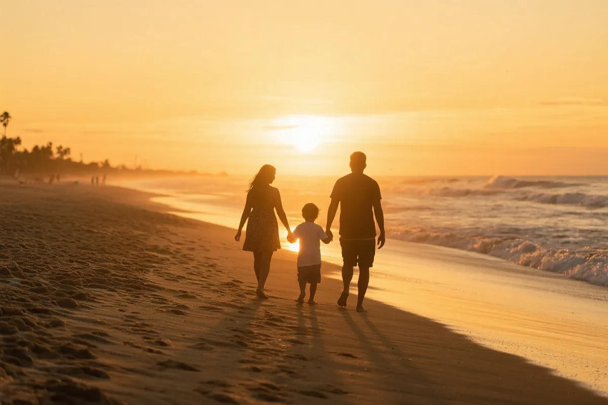 一家人在墨西哥海滩日落时牵手散步，气氛温暖